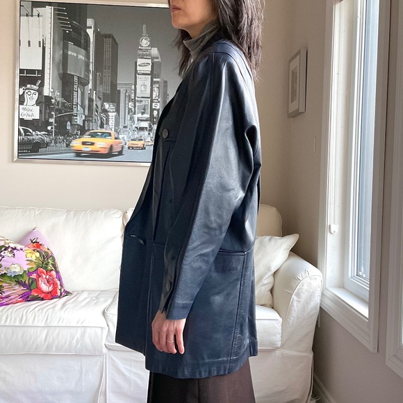 Leather navy blue blazer jacket - Picture 4 of 16